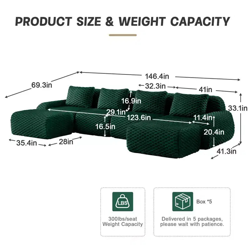146 Divano modulare a U in flanella a 4 posti con pouf con fibbia senza montaggio Verde