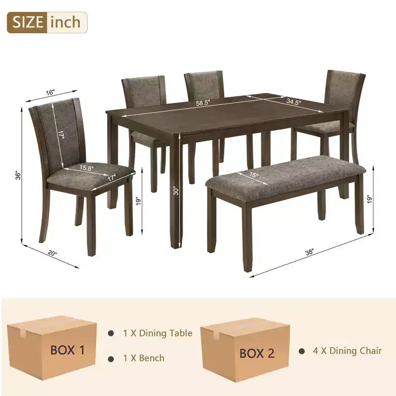 Set da pranzo GDFStudio Eira Farmhouse da 6 pezzi con tavolo rettangolare in legno di gomma, 1 panca e 4 sedie imbottite in lino