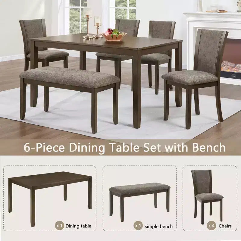Set da pranzo GDFStudio Eira Farmhouse da 6 pezzi con tavolo rettangolare in legno di gomma, 1 panca e 4 sedie imbottite in lino