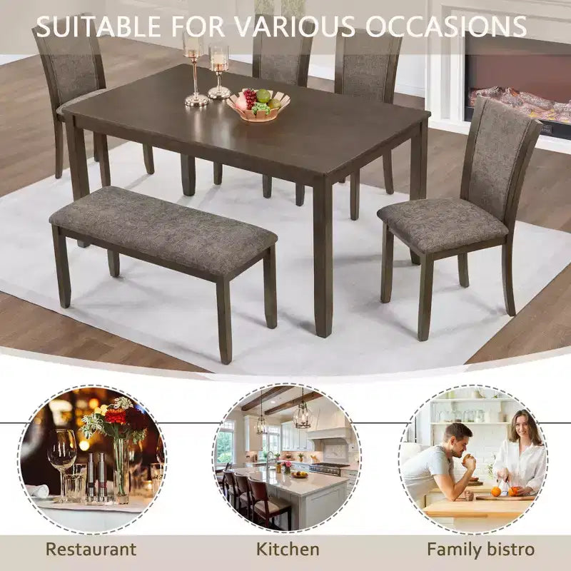Set da pranzo GDFStudio Eira Farmhouse da 6 pezzi con tavolo rettangolare in legno di gomma, 1 panca e 4 sedie imbottite in lino