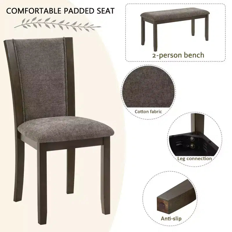 Set da pranzo GDFStudio Eira Farmhouse da 6 pezzi con tavolo rettangolare in legno di gomma, 1 panca e 4 sedie imbottite in lino