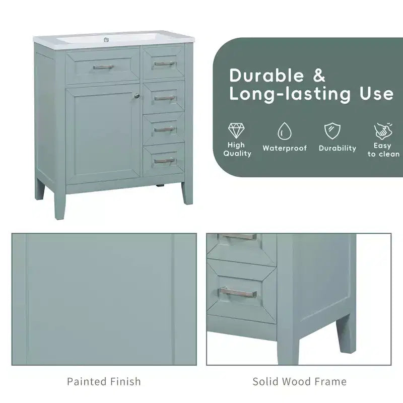 MAYEERTY Mobiletto Bagno 30 Pollici senza Lavello Base Armadietto Telaio Solido Cassetti in MDF Verde