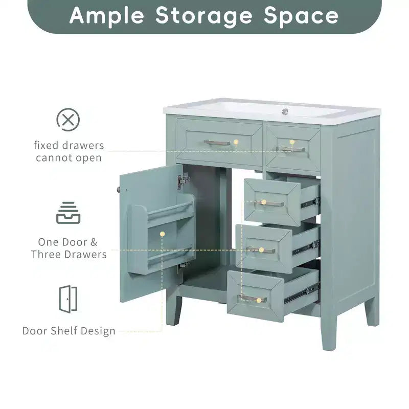 MAYEERTY Mobiletto Bagno 30 Pollici senza Lavello Base Armadietto Telaio Solido Cassetti in MDF Verde