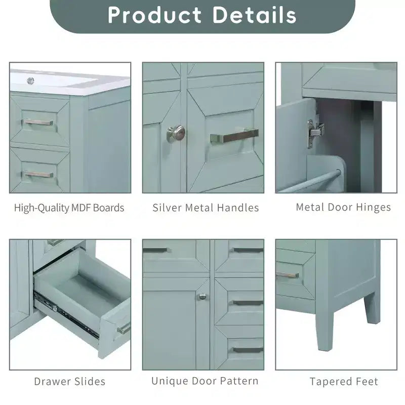 MAYEERTY Mobiletto Bagno 30 Pollici senza Lavello Base Armadietto Telaio Solido Cassetti in MDF Verde