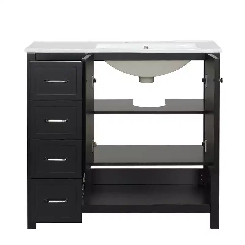Mobile bagno MAYEERTY 36 con lavabo 2 ante 2 cassetti Legno massello Ripiano aperto MDF Nero