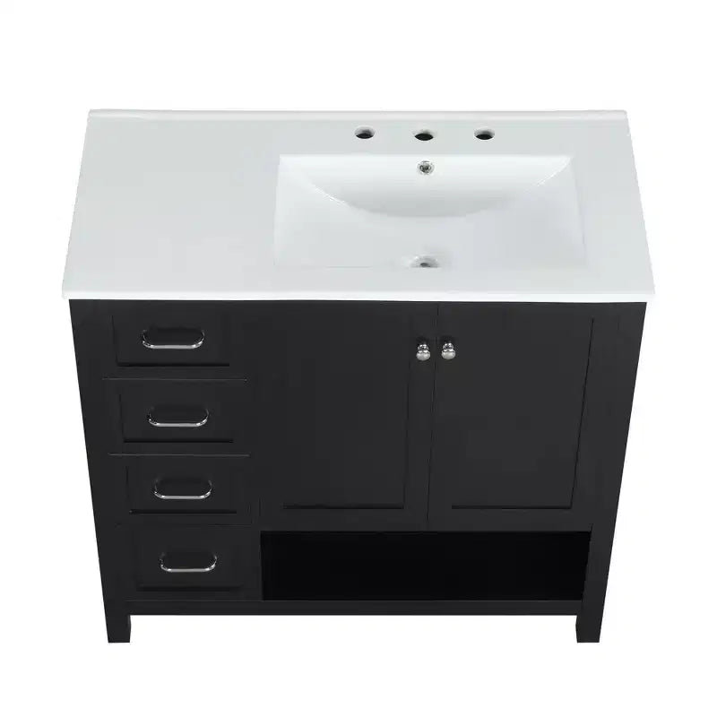 Mobile bagno MAYEERTY 36 con lavabo 2 ante 2 cassetti Legno massello Ripiano aperto MDF Nero
