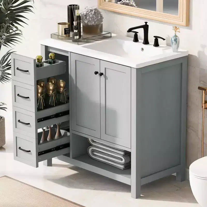 Mobile bagno MAYEERTY 36 con lavabo 2 ante 2 cassetti Legno massello Ripiano aperto MDF Nero