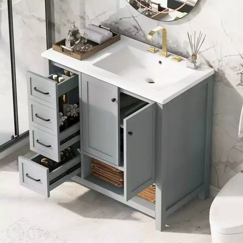 Mobile bagno MAYEERTY 36 con lavabo 2 ante 2 cassetti Legno massello Ripiano aperto MDF Nero