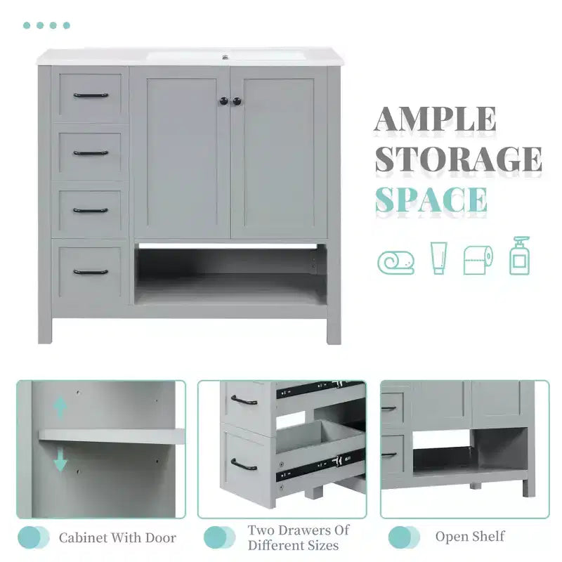 Mobile bagno MAYEERTY 36 con lavabo 2 ante 2 cassetti Legno massello Ripiano aperto MDF Nero