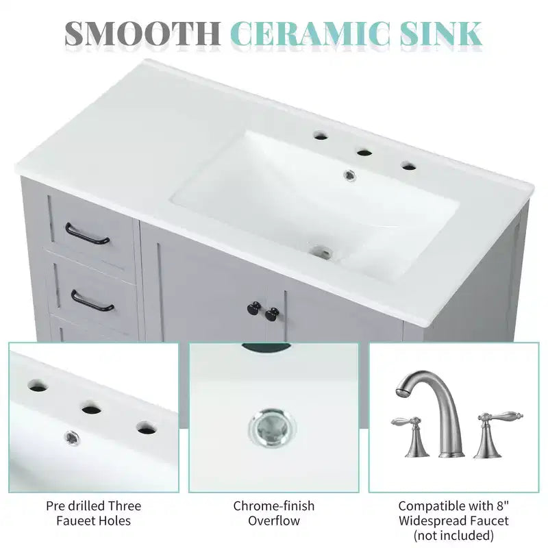 Mobile bagno MAYEERTY 36 con lavabo 2 ante 2 cassetti Legno massello Ripiano aperto MDF Nero