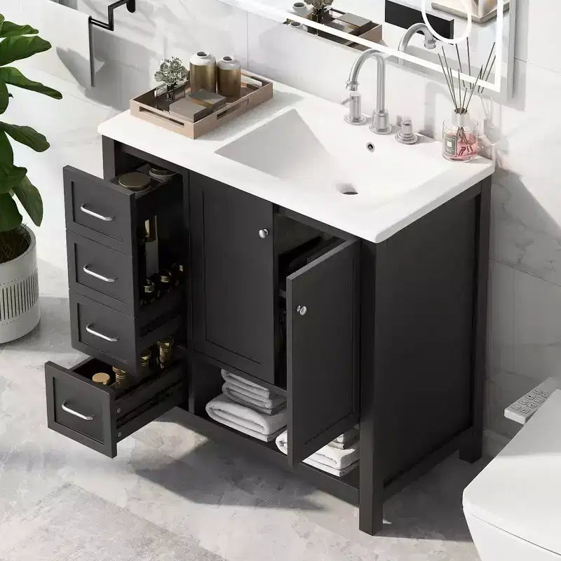 Mobile bagno MAYEERTY 36 con lavabo 2 ante 2 cassetti Legno massello Ripiano aperto MDF Nero