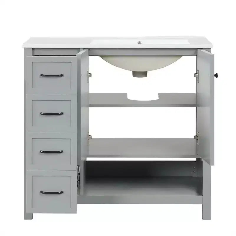 Mobile bagno MAYEERTY 36 con lavabo 2 ante 2 cassetti Legno massello Ripiano aperto MDF Nero