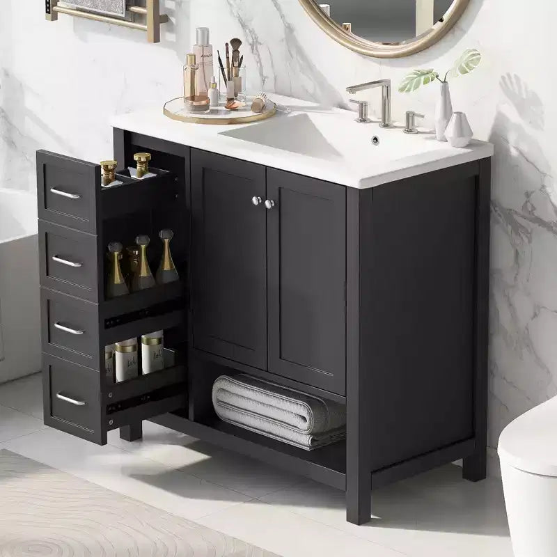 Mobile bagno MAYEERTY 36 con lavabo 2 ante 2 cassetti Legno massello Ripiano aperto MDF Nero