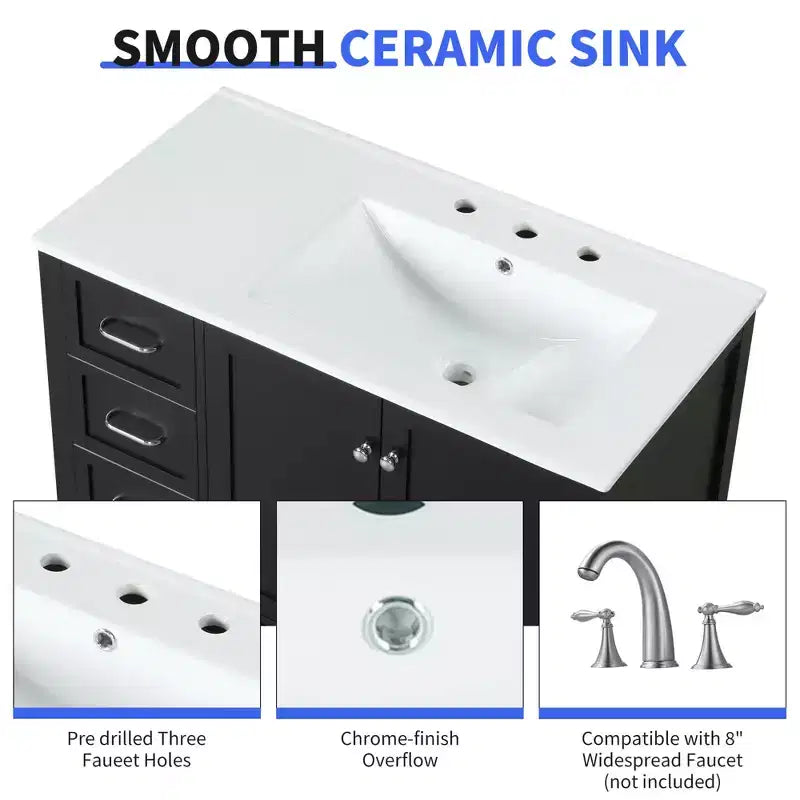 Mobile bagno MAYEERTY 36 con lavabo 2 ante 2 cassetti Legno massello Ripiano aperto MDF Nero