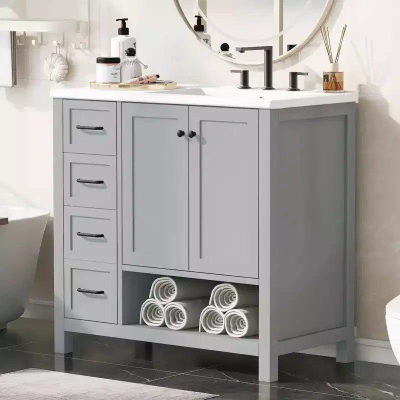 Mobile bagno MAYEERTY 36 con lavabo 2 ante 2 cassetti Legno massello Ripiano aperto MDF Nero