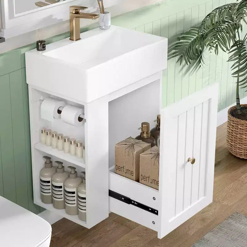 MAYEERTY 20 Mobile da Bagno con Lavabo in Ceramica Cassetti Contenitori in MDF Mensola Laterale Maniglia Dorata Bagno Piccolo