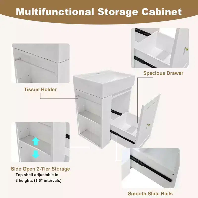 MAYEERTY 20 Mobile da Bagno con Lavabo in Ceramica Cassetti Contenitori in MDF Mensola Laterale Maniglia Dorata Bagno Piccolo