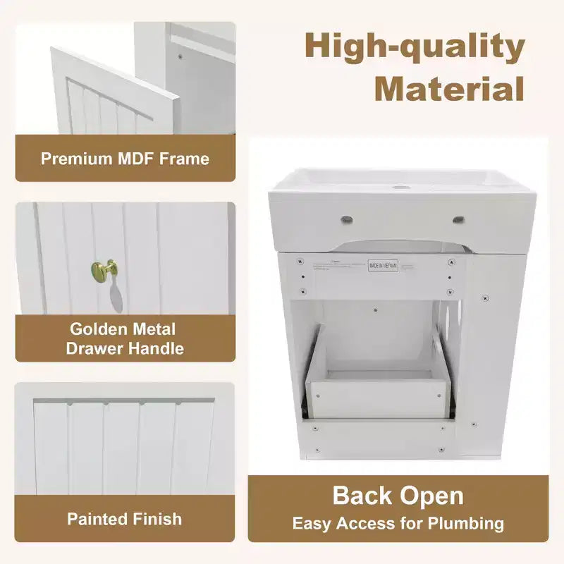 MAYEERTY 20 Mobile da Bagno con Lavabo in Ceramica Cassetti Contenitori in MDF Mensola Laterale Maniglia Dorata Bagno Piccolo