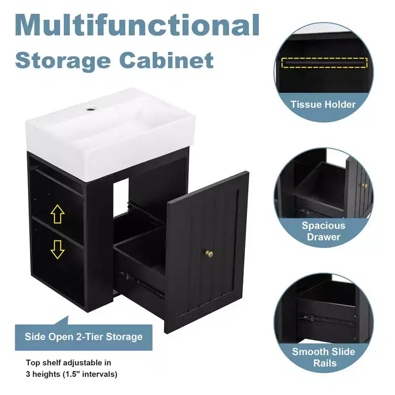 MAYEERTY 20 Mobile da Bagno con Lavabo in Ceramica Cassetti Contenitori in MDF Mensola Laterale Maniglia Dorata Bagno Piccolo
