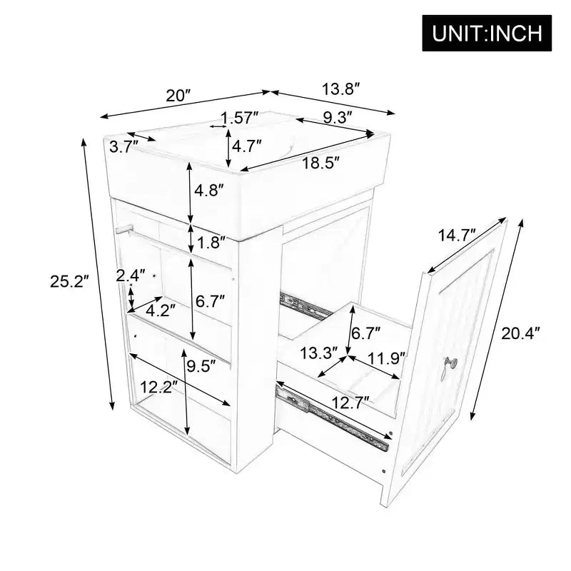 MAYEERTY 20 Mobile da Bagno con Lavabo in Ceramica Cassetti Contenitori in MDF Mensola Laterale Maniglia Dorata Bagno Piccolo