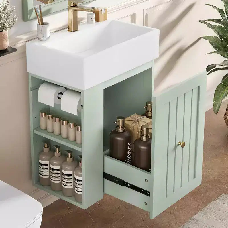 MAYEERTY 20 Mobile da Bagno con Lavabo in Ceramica Cassetti Contenitori in MDF Mensola Laterale Maniglia Dorata Bagno Piccolo