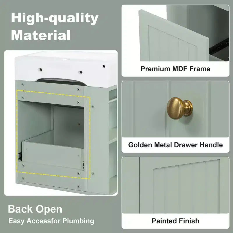 MAYEERTY 20 Mobile da Bagno con Lavabo in Ceramica Cassetti Contenitori in MDF Mensola Laterale Maniglia Dorata Bagno Piccolo