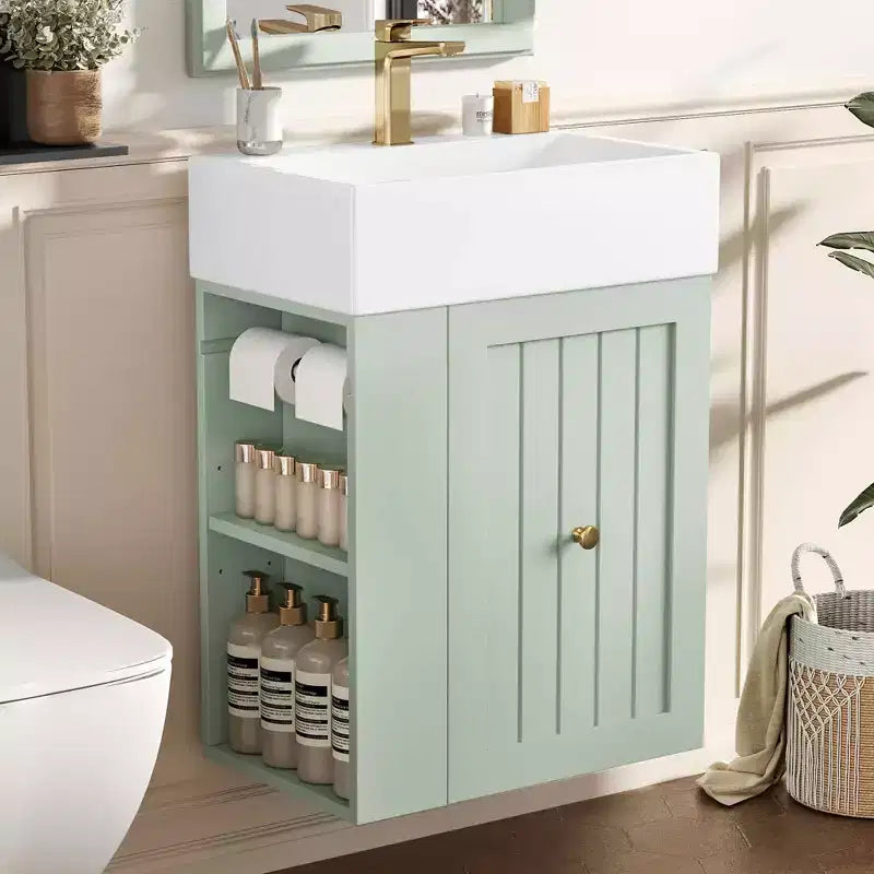 MAYEERTY 20 Mobile da Bagno con Lavabo in Ceramica Cassetti Contenitori in MDF Mensola Laterale Maniglia Dorata Bagno Piccolo