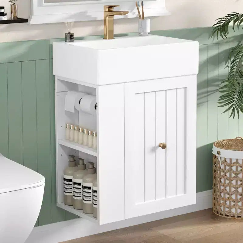 MAYEERTY 20 Mobile da Bagno con Lavabo in Ceramica Cassetti Contenitori in MDF Mensola Laterale Maniglia Dorata Bagno Piccolo