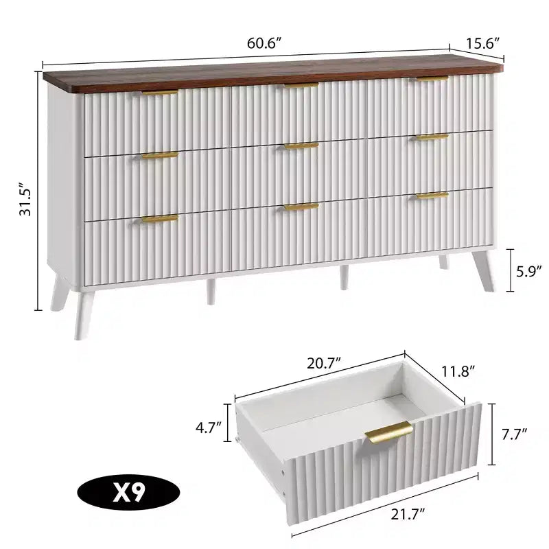 Cassettiera scanalata per camera da letto con 9 cassetti profondi, comò moderno largo 154 cm