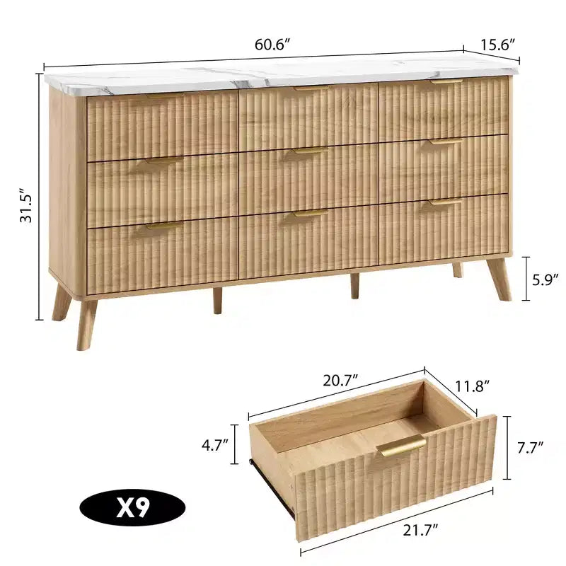 Cassettiera scanalata per camera da letto con 9 cassetti profondi, comò moderno largo 154 cm