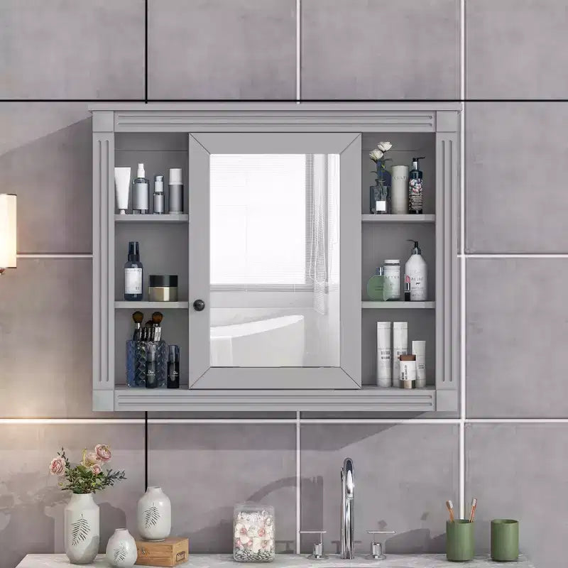 MAYEERTY 28.7 Wall Mounted Bathroom Mirror Cabinet with Concealed Storage 6 Open Shelves Medicine Cabinet Gray