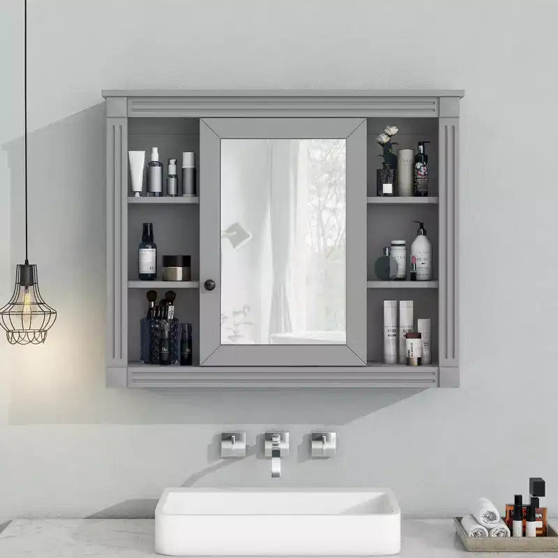 Mobile specchio da bagno MAYEERTY 28.7 da parete con contenitore nascosto, 6 ripiani aperti, mobiletto dei medicinali grigio