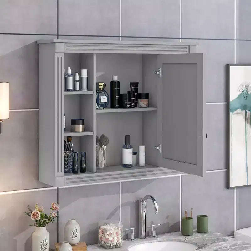 Mobile specchio da bagno MAYEERTY 28.7 da parete con contenitore nascosto, 6 ripiani aperti, mobiletto dei medicinali grigio