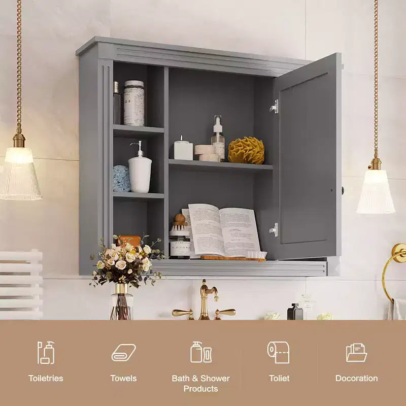 Mobile specchio da bagno MAYEERTY 28.7 da parete con contenitore nascosto, 6 ripiani aperti, mobiletto dei medicinali grigio