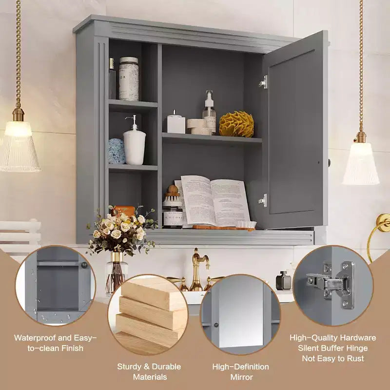 Mobile specchio da bagno MAYEERTY 28.7 da parete con contenitore nascosto, 6 ripiani aperti, mobiletto dei medicinali grigio