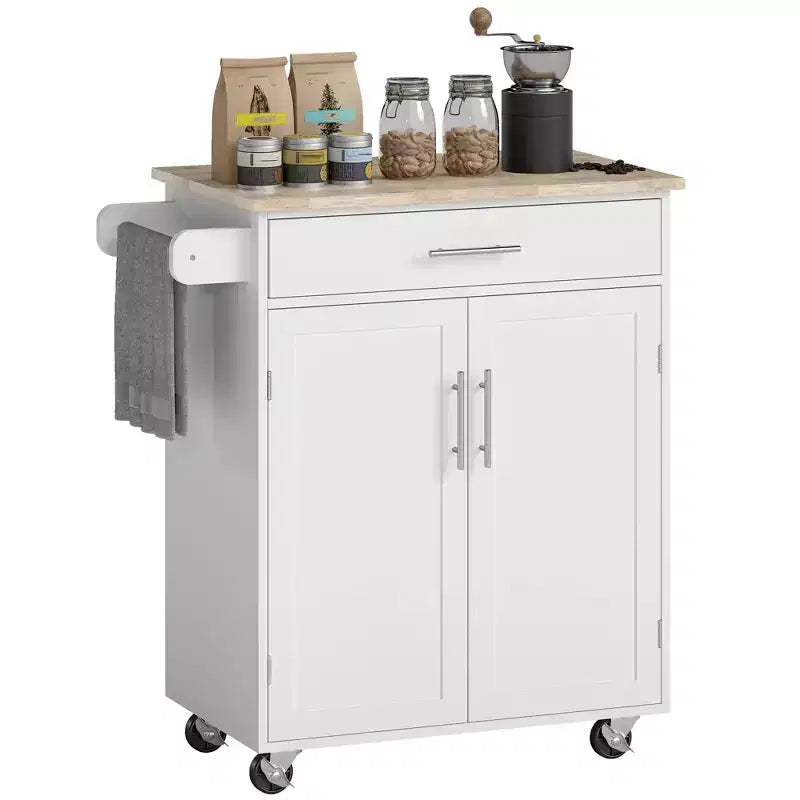 Carrello da Cucina Isola Carrello Rotelle con Cassetto, Armadietto Contenitore e Portasciugamani
