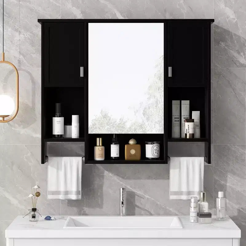 MAYEERTY 28.7 Mobile Bagno a Specchio da Parete con Vano Contenitore Nascosto, 6 Ripiani a Giorno, Mobiletto dei Medicinali, Nero