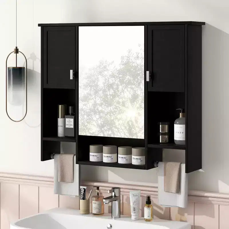 MAYEERTY 28.7 Mobile Bagno a Specchio da Parete con Vano Contenitore Nascosto, 6 Ripiani a Giorno, Mobiletto dei Medicinali, Nero