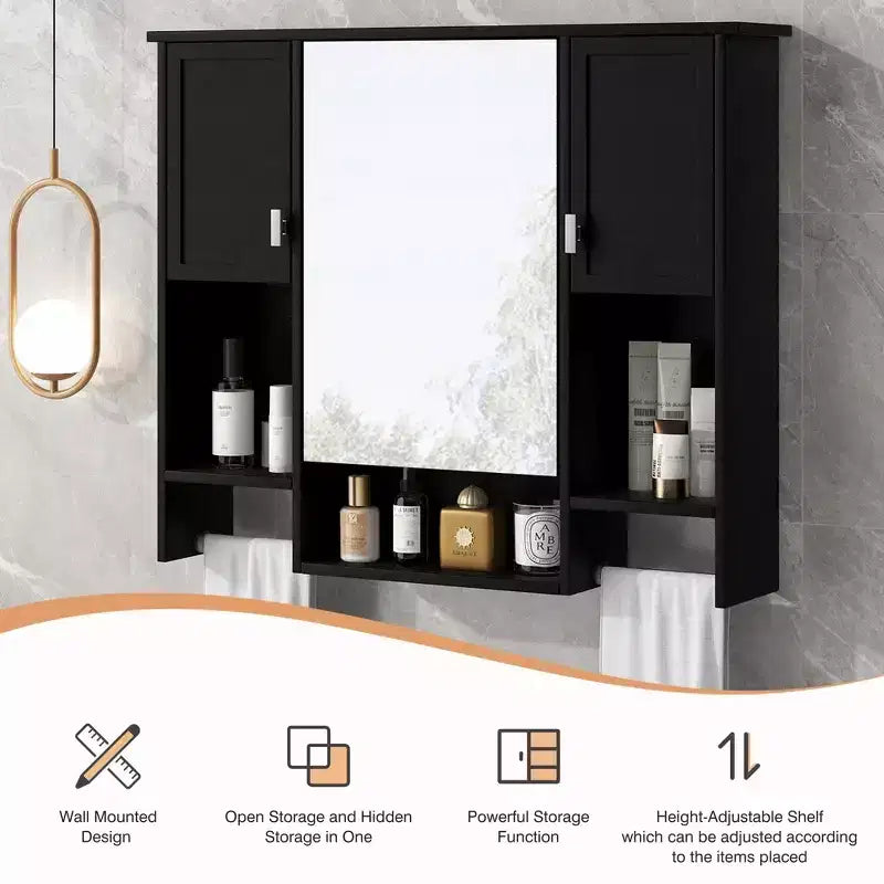 MAYEERTY 28.7 Mobile Bagno a Specchio da Parete con Vano Contenitore Nascosto, 6 Ripiani a Giorno, Mobiletto dei Medicinali, Nero