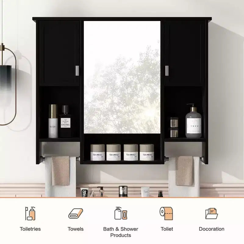 MAYEERTY 28.7 Mobile Bagno a Specchio da Parete con Vano Contenitore Nascosto, 6 Ripiani a Giorno, Mobiletto dei Medicinali, Nero