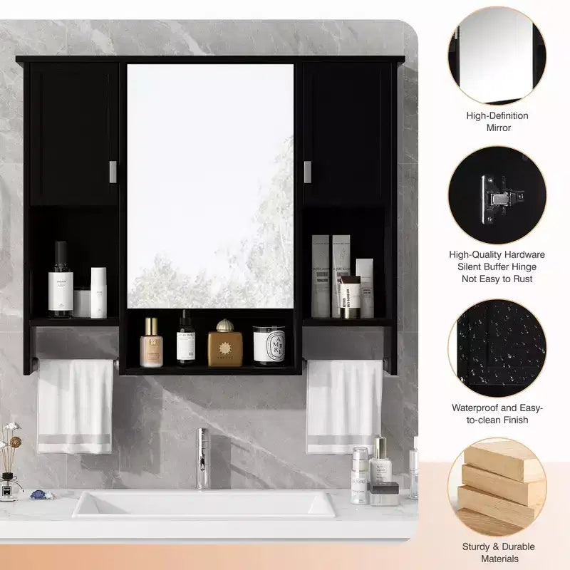 MAYEERTY 28.7 Mobile Bagno a Specchio da Parete con Vano Contenitore Nascosto, 6 Ripiani a Giorno, Mobiletto dei Medicinali, Nero