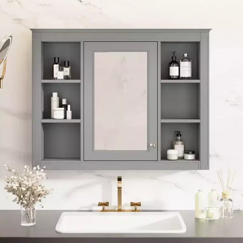 MAYEERTY 27.5 Mobiletto dei medicinali, Armadietto pensile da bagno con specchio 6 ripiani aperti Grigio moderno
