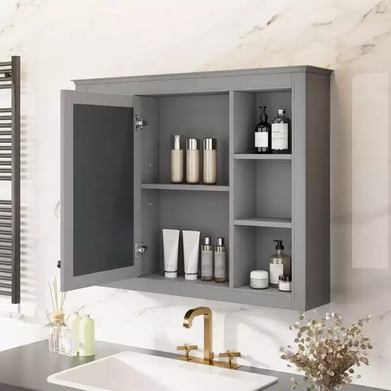 MAYEERTY 27.5 Mobiletto dei medicinali, Armadietto pensile da bagno con specchio 6 ripiani aperti Grigio moderno
