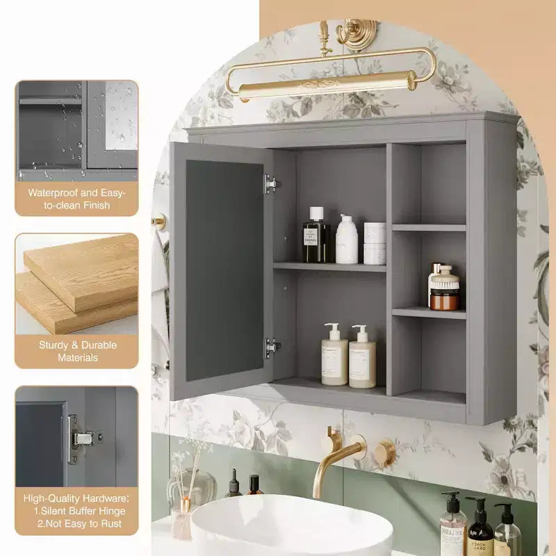 MAYEERTY 27.5 Mobiletto dei medicinali, Armadietto pensile da bagno con specchio 6 ripiani aperti Grigio moderno