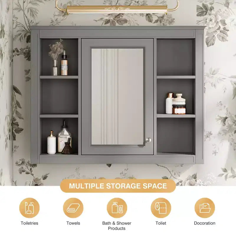MAYEERTY 27.5 Mobiletto dei medicinali, Armadietto pensile da bagno con specchio 6 ripiani aperti Grigio moderno