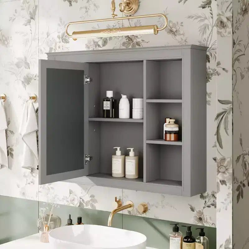 MAYEERTY 27.5 Mobiletto dei medicinali, Armadietto pensile da bagno con specchio 6 ripiani aperti Grigio moderno