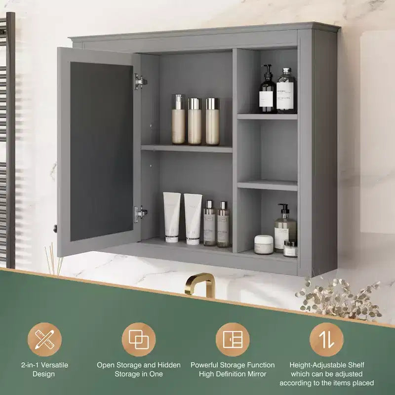 MAYEERTY 27.5 Mobiletto dei medicinali, Armadietto pensile da bagno con specchio 6 ripiani aperti Grigio moderno