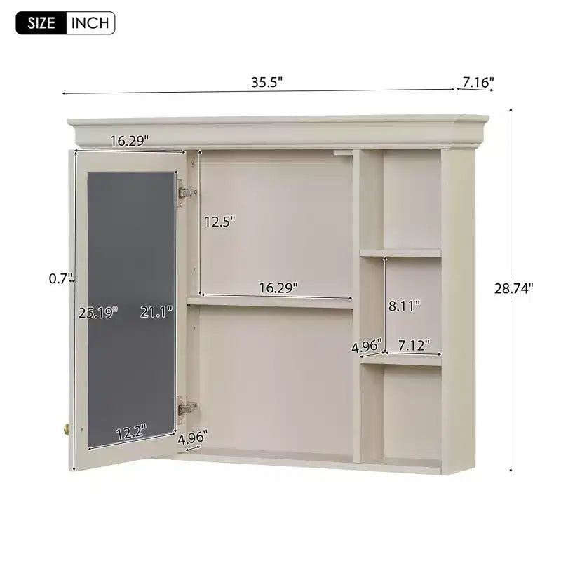 MAYEERTY 28.74 Mobiletto bagno a parete con anta a specchio e 6 ripiani aperti, mobiletto bagno moderno beige