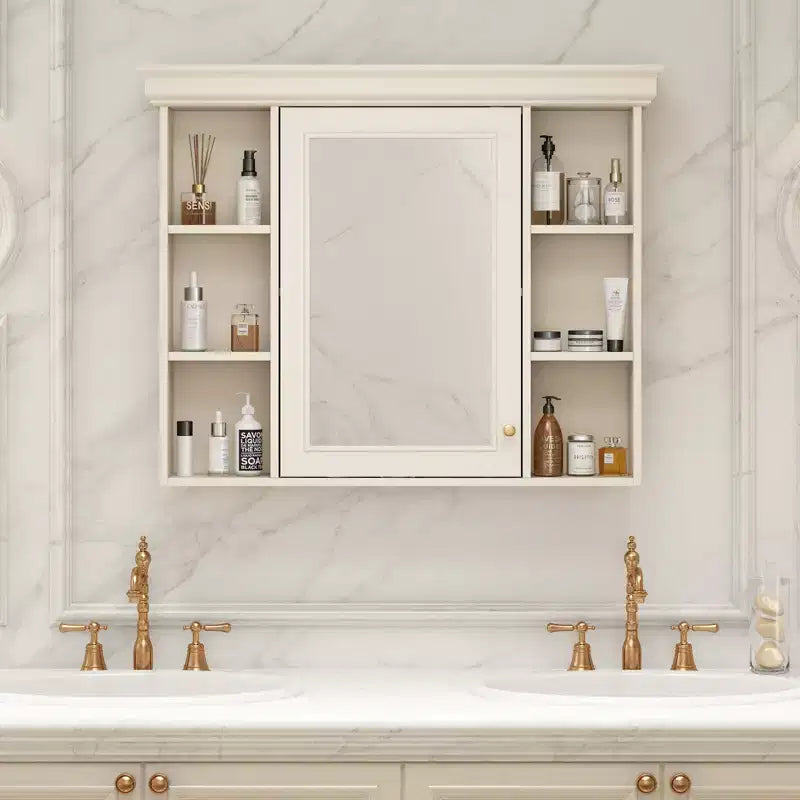 MAYEERTY 28.74 Mobiletto bagno a parete con anta a specchio e 6 ripiani aperti, mobiletto bagno moderno beige