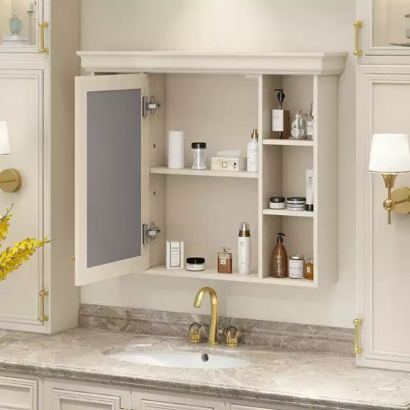 MAYEERTY 28.74 Mobiletto bagno a parete con anta a specchio e 6 ripiani aperti, mobiletto bagno moderno beige